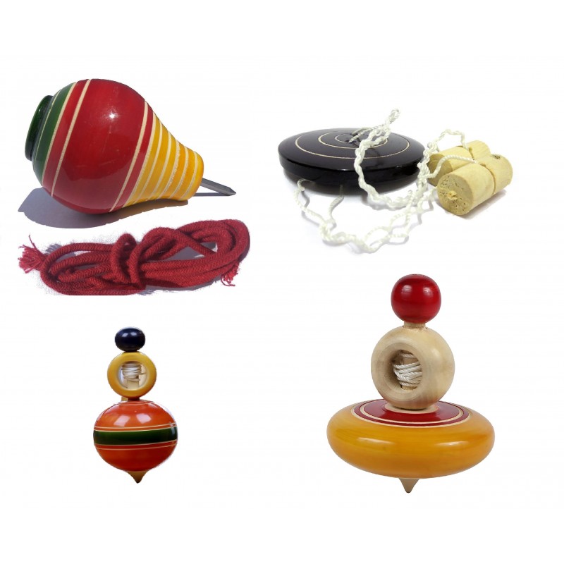 Funwood Games Woodend Spinning Lattoo with Rope | Wooden Umbrella String Top | Round Wind-Up Top | Bhingri (Combo of 4)