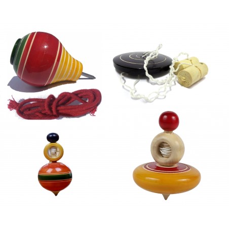 Funwood Games Woodend Spinning Lattoo with Rope | Wooden Umbrella String Top | Round Wind-Up Top | Bhingri (Combo of 4)