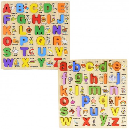 Funwoodgames 3D Wooden Capital & Small Alphabet Puzzles with Pictures, Combo Set of 2 Educational Learning Letters Board Toy