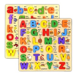 Funwoodgames 3D Wooden Capital & Small Alphabet Puzzles with Pictures, Combo Set of 2 Educational Learning Letters Board Toy