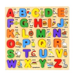 Funwoodgames 3D Wooden Capital & Small Alphabet Puzzles with Pictures, Combo Set of 2 Educational Learning Letters Board Toy