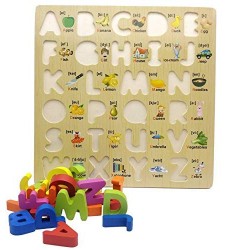 Funwoodgames 3D Wooden Capital & Small Alphabet Puzzles with Pictures, Combo Set of 2 Educational Learning Letters Board Toy