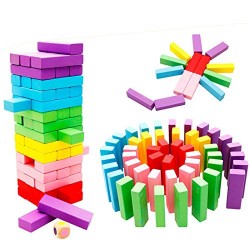 Funwood Games 54 pcs Wooden Blocks Tumbling Tower Toys with Dices Stacking & Balancing Games