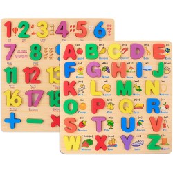 Funwood Games 3D Wooden Capital Alphabet & Numbers Puzzle Board with Pictures, for Kids Educational Learning Toy – (Pack of 2)