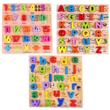 Funwood Games 3D Wooden Capital Alphabet, Small Alphabet & Numbers Puzzle with Pictures, Combo Set of 3