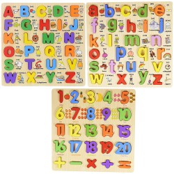 Funwood Games 3D Wooden Capital Alphabet, Small Alphabet & Numbers Puzzle with Pictures, Combo Set of 3