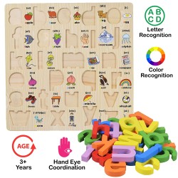 Funwood Games 3D Wooden Capital Alphabet, Small Alphabet & Numbers Puzzle with Pictures, Combo Set of 3