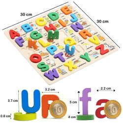 Funwood Games 3D Wooden Capital Alphabet, Small Alphabet & Numbers Puzzle with Pictures, Combo Set of 3