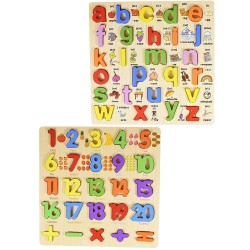 Funwood Games 3D Wooden Small Alphabet & Numbers Puzzles with Pictures,Combo Set of 2 for Kids