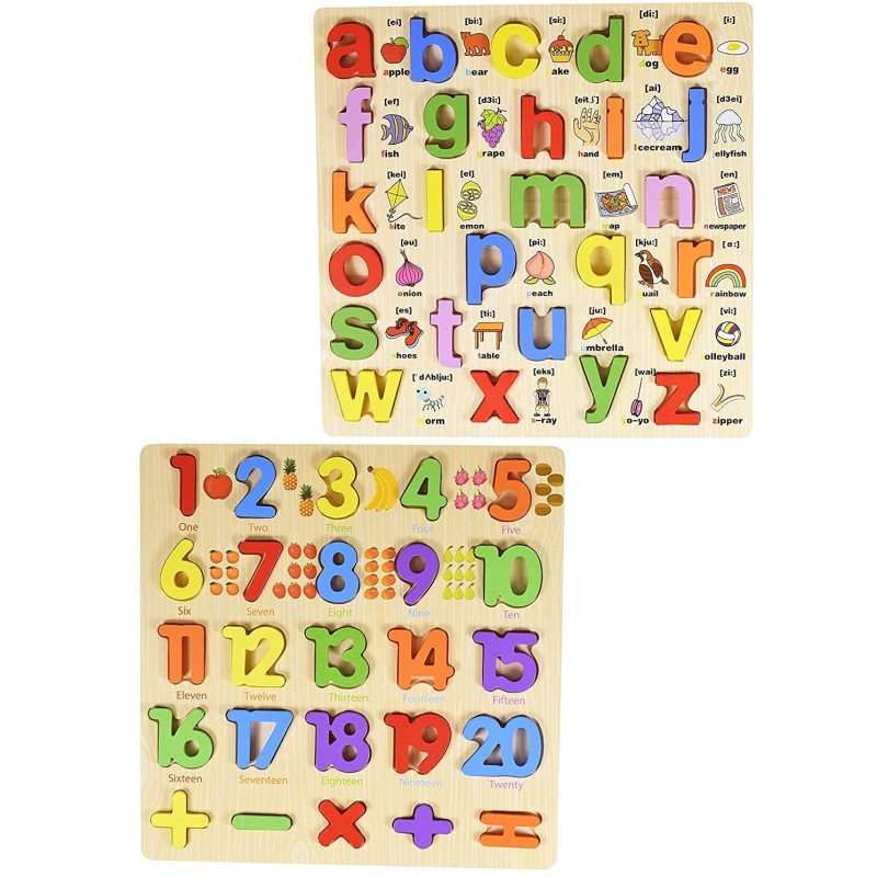 Funwood Games 3D Wooden Small Alphabet & Numbers Puzzles with Pictures,Combo Set of 2 for Kids