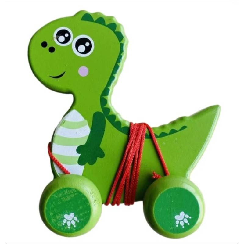 Funwood Games Wooden Pull Along Animal Walker Set,  Toy for Toddlers 12 Months to 3 Years, with Rope (Dinosaur)