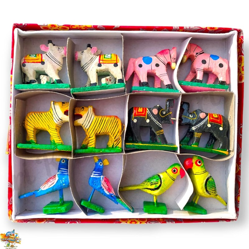 Funwood Games Multicolored Handcrafted Banaras Wooden Animal Toys Set of 12,Wooden Animal Figurines for Kids,Pretend-Play Toys