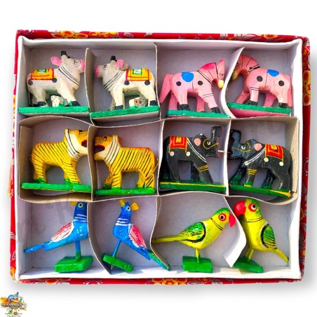Funwood Games Multicolored Handcrafted Banaras Wooden Animal Toys Set of 12,Wooden Animal Figurines for Kids,Pretend-Play Toys