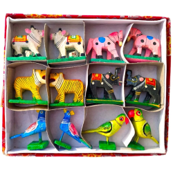 Funwood Games Multicolored Handcrafted Banaras Wooden Animal Toys Set of 12,Wooden Animal Figurines for Kids,Pretend-Play Toys